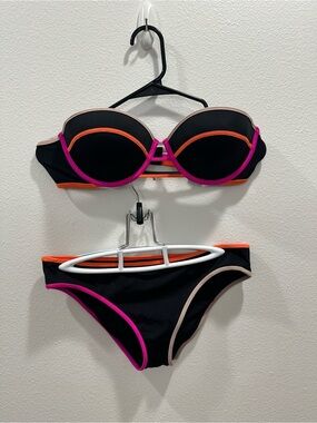 Victoria's Secret Black Bandeau color block Bikini with Neon Pink & Orange Trim